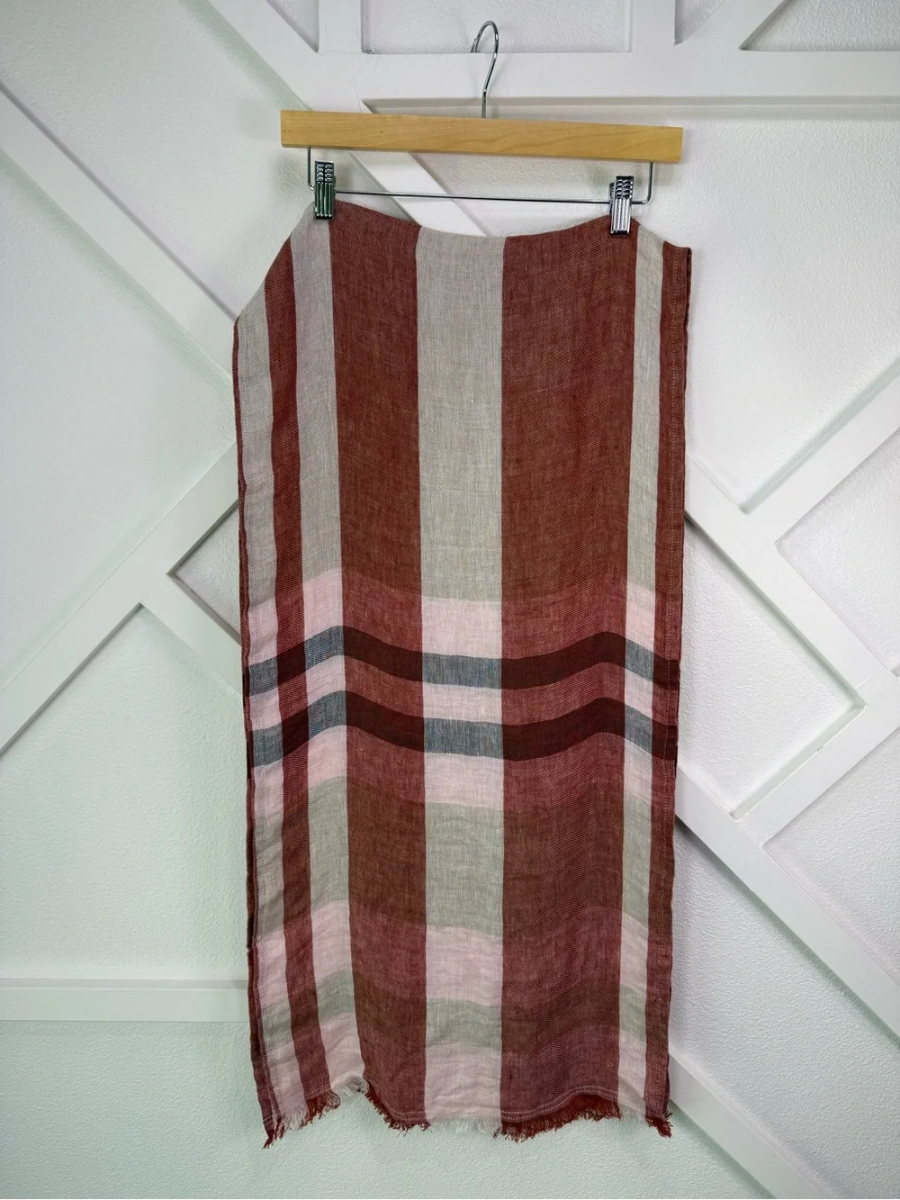 NWOT FLAX 100% Linen Scarf One Size Plaid Rust Pink Gray Fringe Lithuania